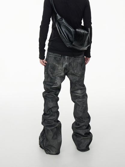 Glitter Coated Slim Flare Jeans Brushed Resin Dragging Floor Blue [ID:0060PA]