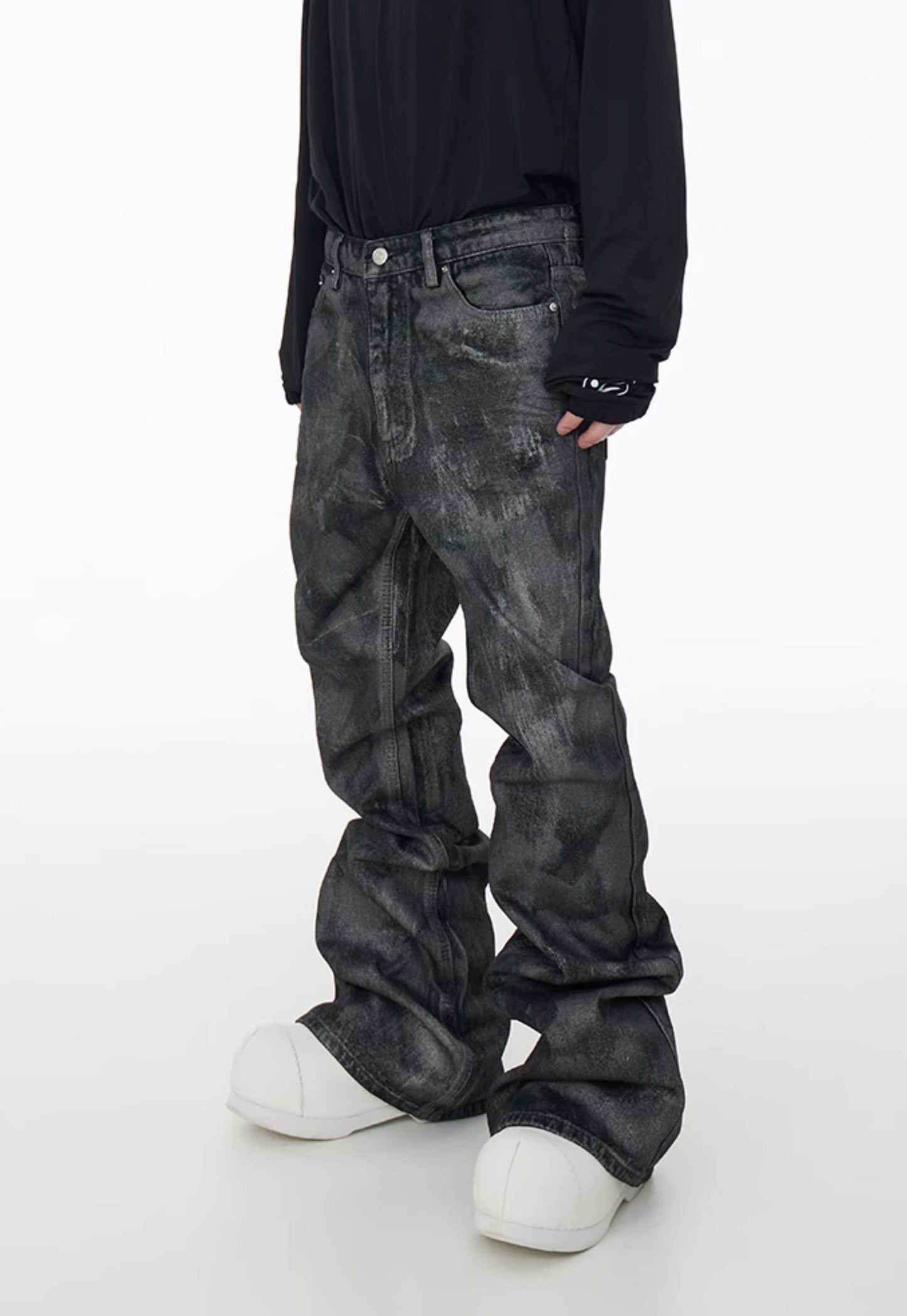 Glitter Coated Slim Flare Jeans Brushed Resin Dragging Floor Blue [ID:0060PA]