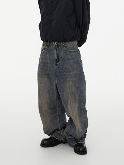 Relaxed Tapered Distressed Bamboo Texture Washed Denim Pants Blue [ID:0061PA]