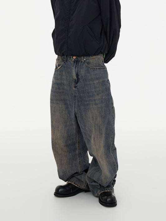 Relaxed Tapered Distressed Bamboo Texture Washed Denim Pants Blue [ID:0061PA]