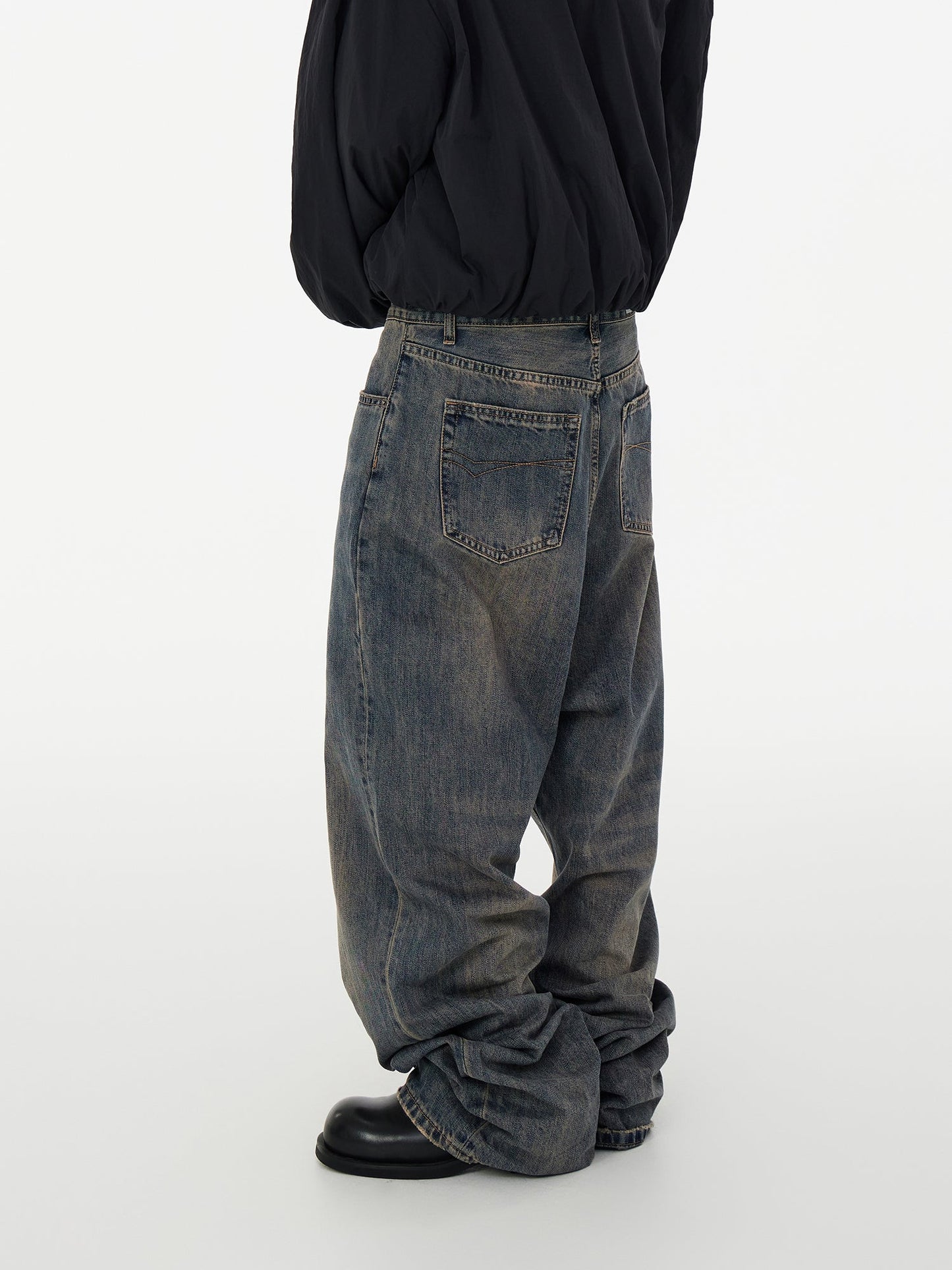 Relaxed Tapered Distressed Bamboo Texture Washed Denim Pants Blue [ID:0061PA]