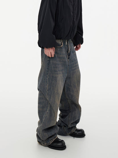 Relaxed Tapered Distressed Bamboo Texture Washed Denim Pants Blue [ID:0061PA]