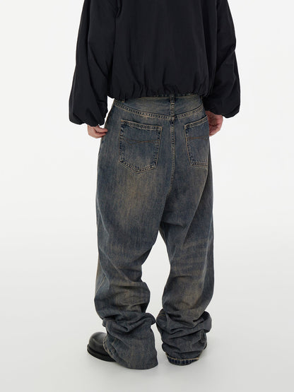 Relaxed Tapered Distressed Bamboo Texture Washed Denim Pants Blue [ID:0061PA]