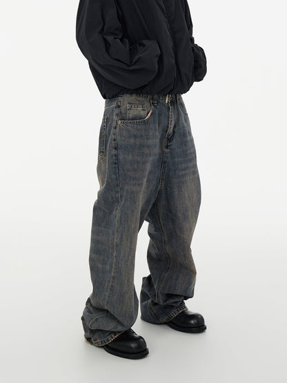 Relaxed Tapered Distressed Bamboo Texture Washed Denim Pants Blue [ID:0061PA]