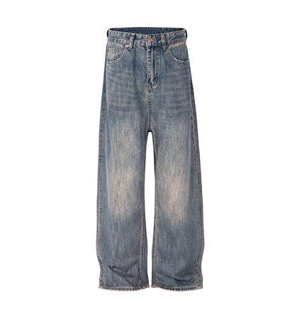 Relaxed Tapered Distressed Bamboo Texture Washed Denim Pants Blue [ID:0061PA]