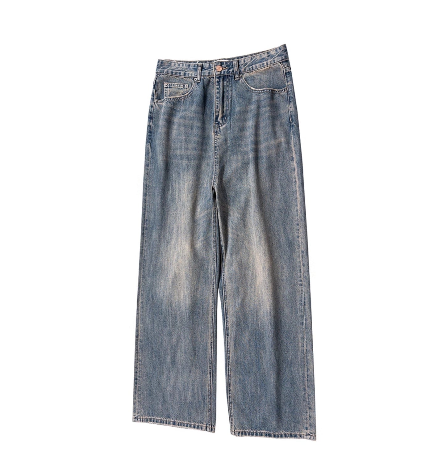 Relaxed Tapered Distressed Bamboo Texture Washed Denim Pants Blue [ID:0061PA]