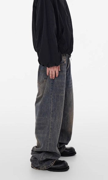 Relaxed Tapered Distressed Bamboo Texture Washed Denim Pants Blue [ID:0061PA]