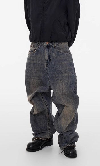 Relaxed Tapered Distressed Bamboo Texture Washed Denim Pants Blue [ID:0061PA]