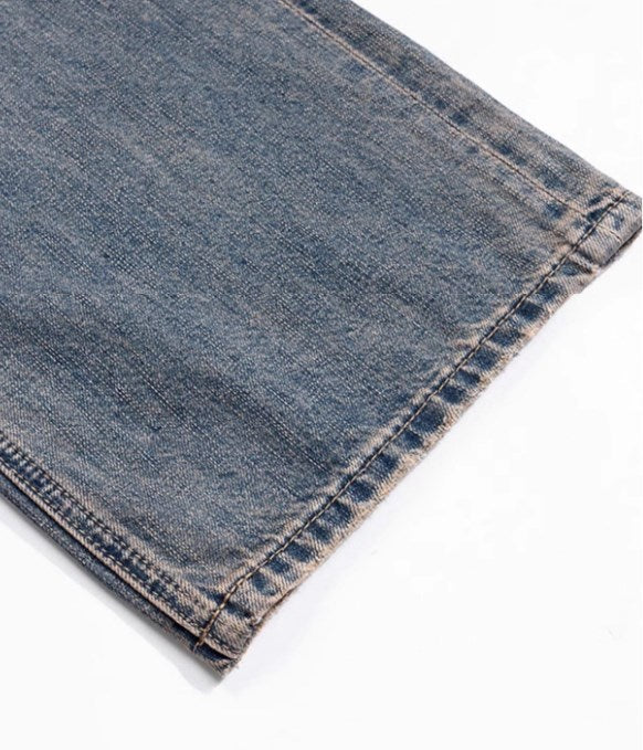 Relaxed Tapered Distressed Bamboo Texture Washed Denim Pants Blue [ID:0061PA]