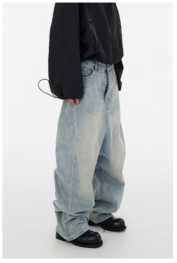 Baggy Color-Washed Snowflake Denim Wide-Leg Floor-Length Pants Blue [ID:0062PA]