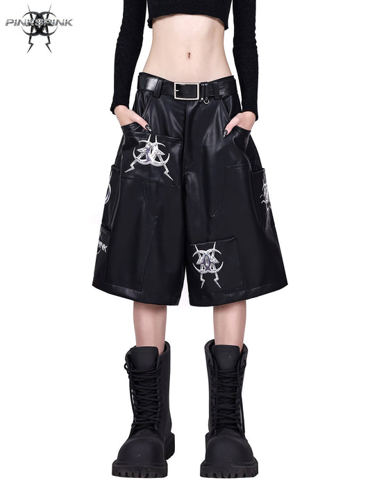 Mirror Series Structured Pocket Faux Leather Shorts Unisex Y2K Black [ID:0063PA]