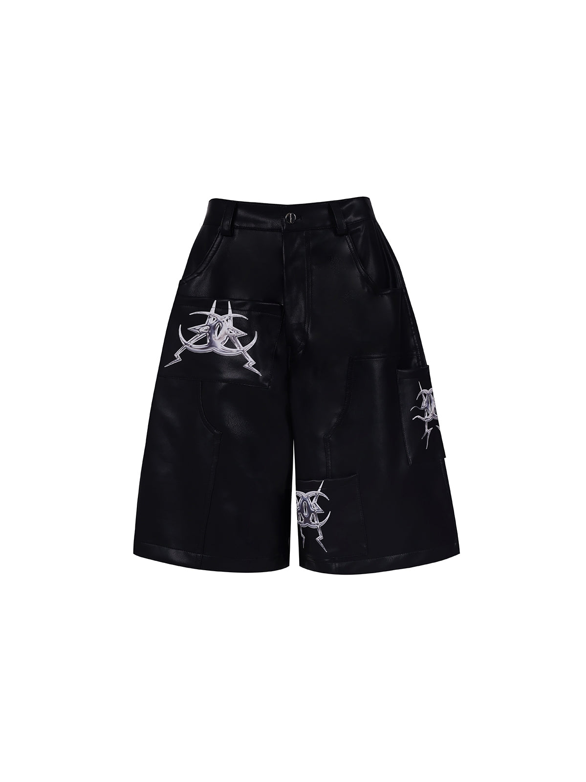 Mirror Series Structured Pocket Faux Leather Shorts Unisex Y2K Black [ID:0063PA]