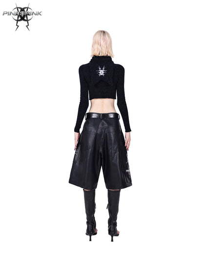 Mirror Series Structured Pocket Faux Leather Shorts Unisex Y2K Black [ID:0063PA]