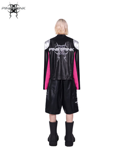 Mirror Series Structured Pocket Faux Leather Shorts Unisex Y2K Black [ID:0063PA]