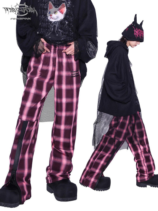 Original Plaid Loose-Fit Floor-Length Trousers Wide-Leg Check Pants [ID:0064PA]