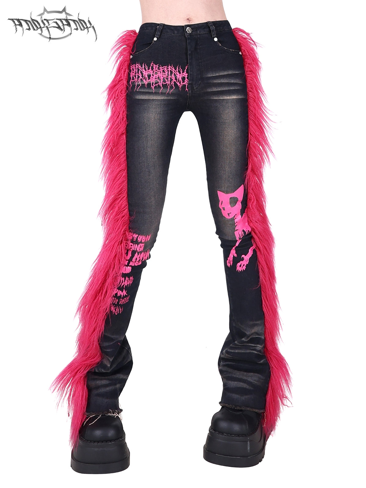 Barbie Fur Denim Flare Pants High-Stretch Slim Fit Moonwash Design [ID:0065PA]