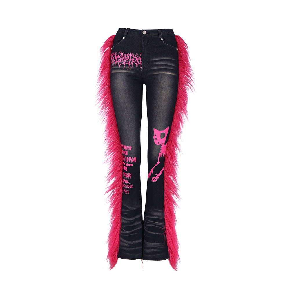 Barbie Fur Denim Flare Pants High-Stretch Slim Fit Moonwash Design [ID:0065PA]