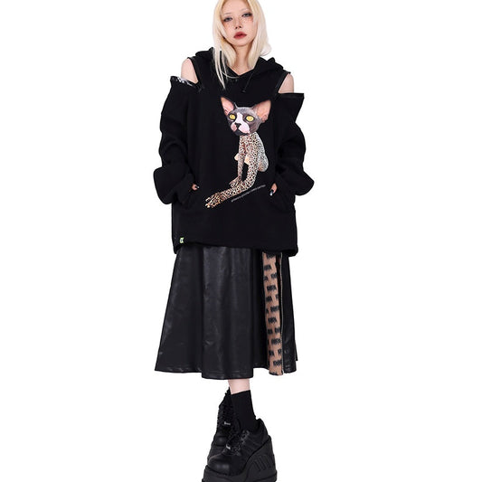 Contrast Zipper Rock Letter Mid-Length Leather Skirt A-Line Design [ID:0066SK]