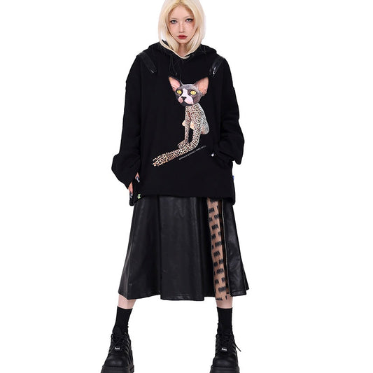 Contrast Zipper Rock Letter Mid-Length Leather Skirt A-Line Design [ID:0066SK]