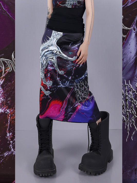 Cosmic Clash Rock-Electro Iridescent Thorn Print Wrap Reversible Skirt [ID:0067SK]