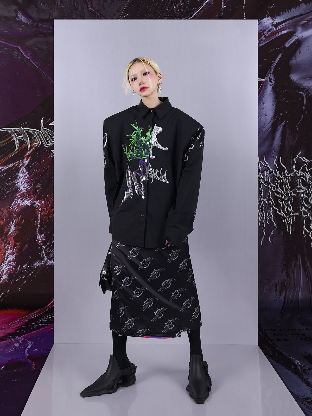Cosmic Clash Rock-Electro Iridescent Thorn Print Wrap Reversible Skirt [ID:0067SK]