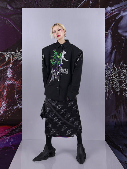 Cosmic Clash Rock-Electro Iridescent Thorn Print Wrap Reversible Skirt [ID:0067SK]