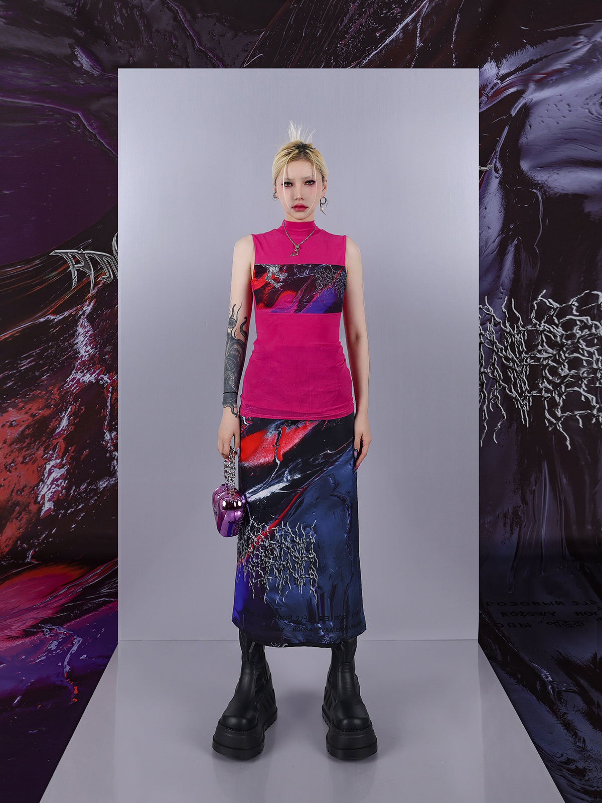 Cosmic Clash Rock-Electro Iridescent Thorn Print Wrap Reversible Skirt [ID:0067SK]
