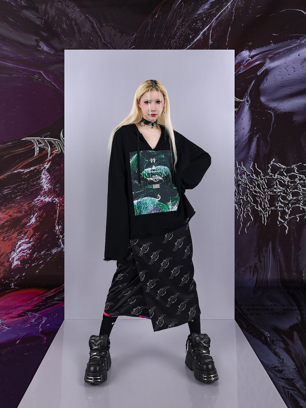 Cosmic Clash Rock-Electro Iridescent Thorn Print Wrap Reversible Skirt [ID:0067SK]