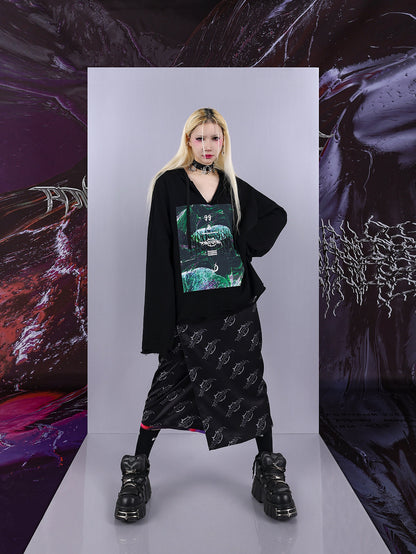 Cosmic Clash Rock-Electro Iridescent Thorn Print Wrap Reversible Skirt [ID:0067SK]