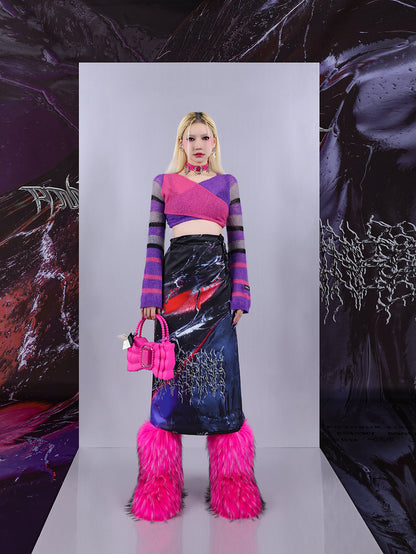 Cosmic Clash Rock-Electro Iridescent Thorn Print Wrap Reversible Skirt [ID:0067SK]
