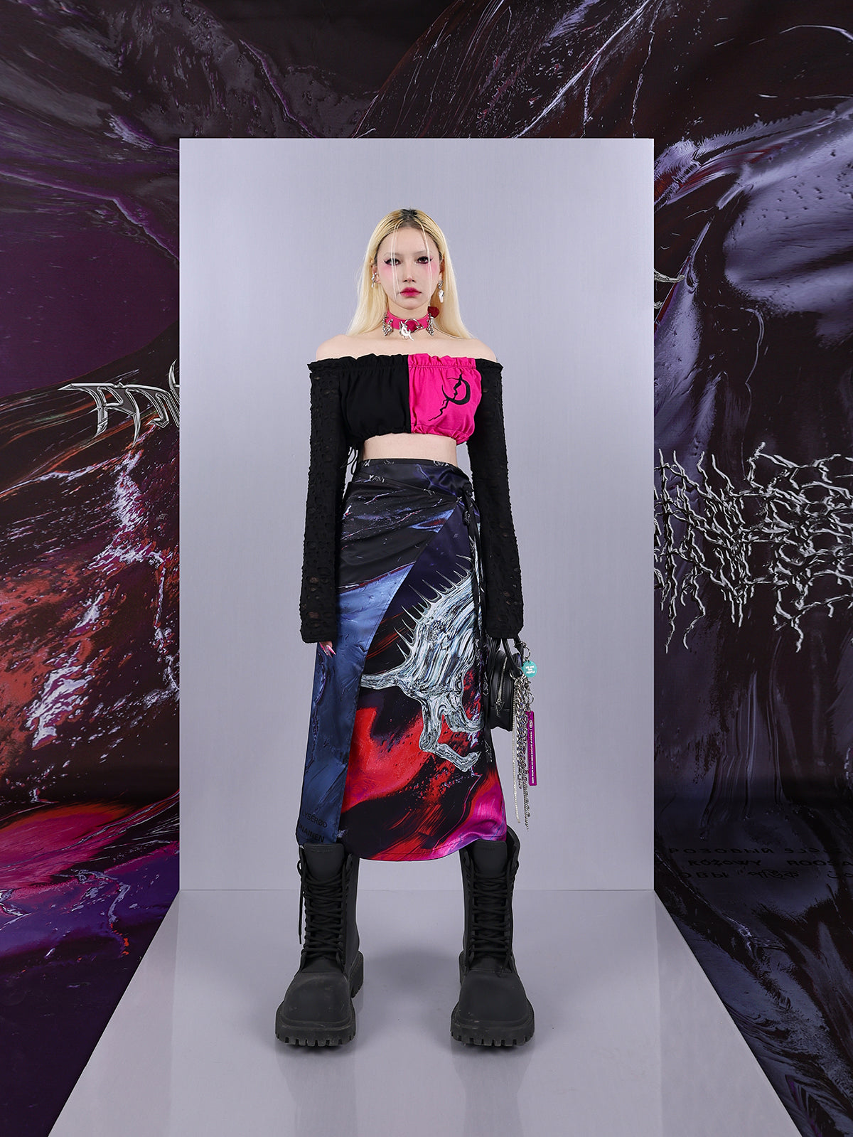 Cosmic Clash Rock-Electro Iridescent Thorn Print Wrap Reversible Skirt [ID:0067SK]