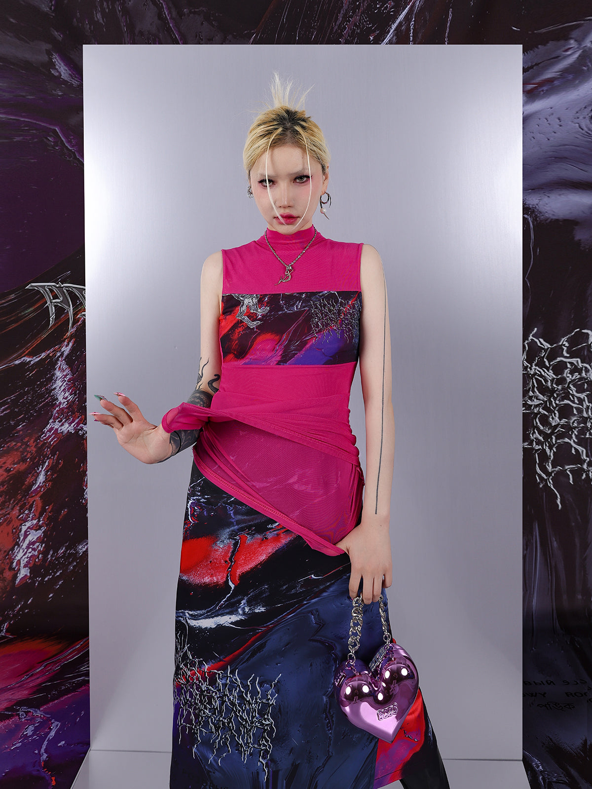 Cosmic Clash Rock-Electro Iridescent Thorn Print Wrap Reversible Skirt [ID:0067SK]