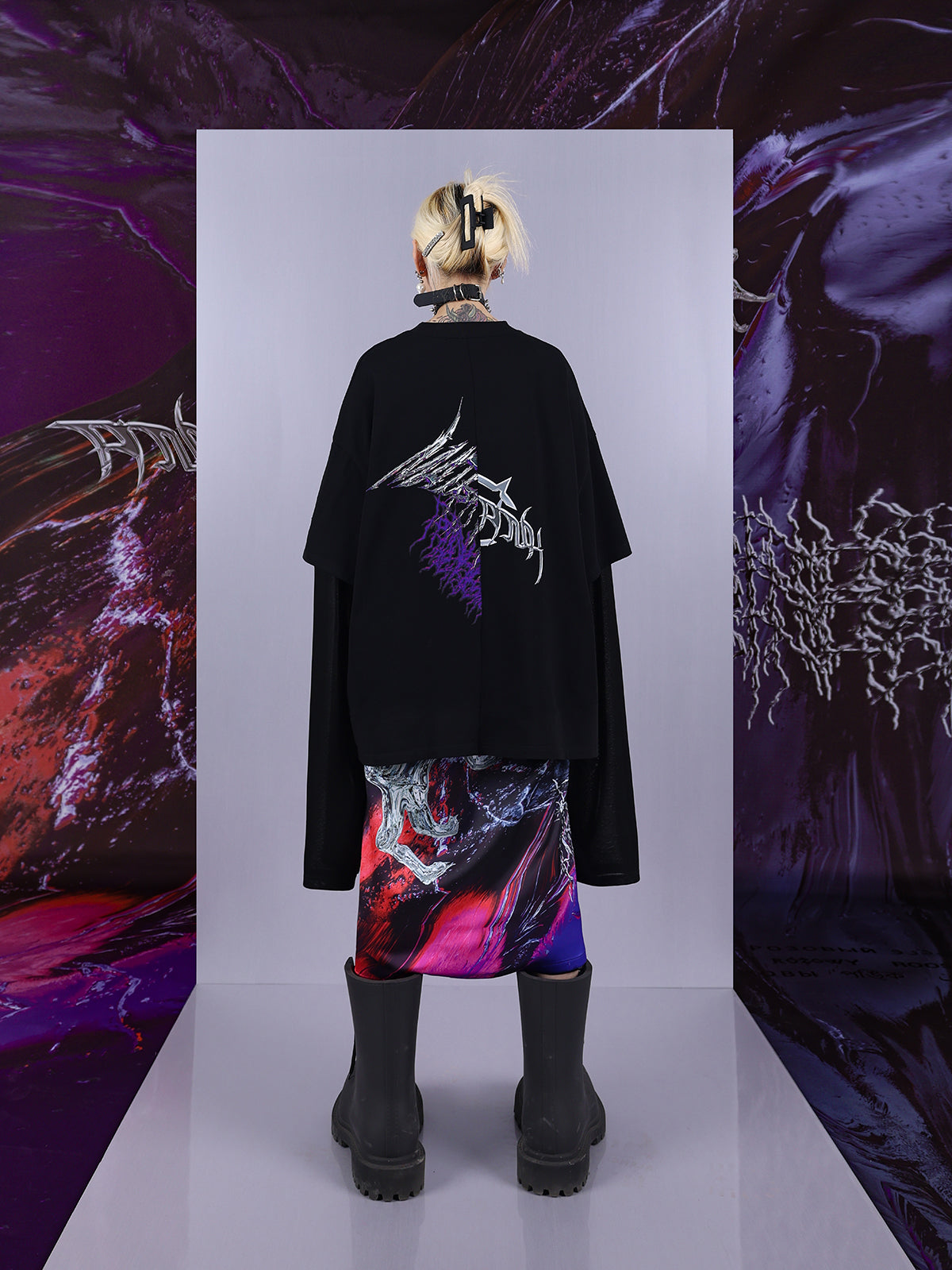 Cosmic Clash Rock-Electro Iridescent Thorn Print Wrap Reversible Skirt [ID:0067SK]