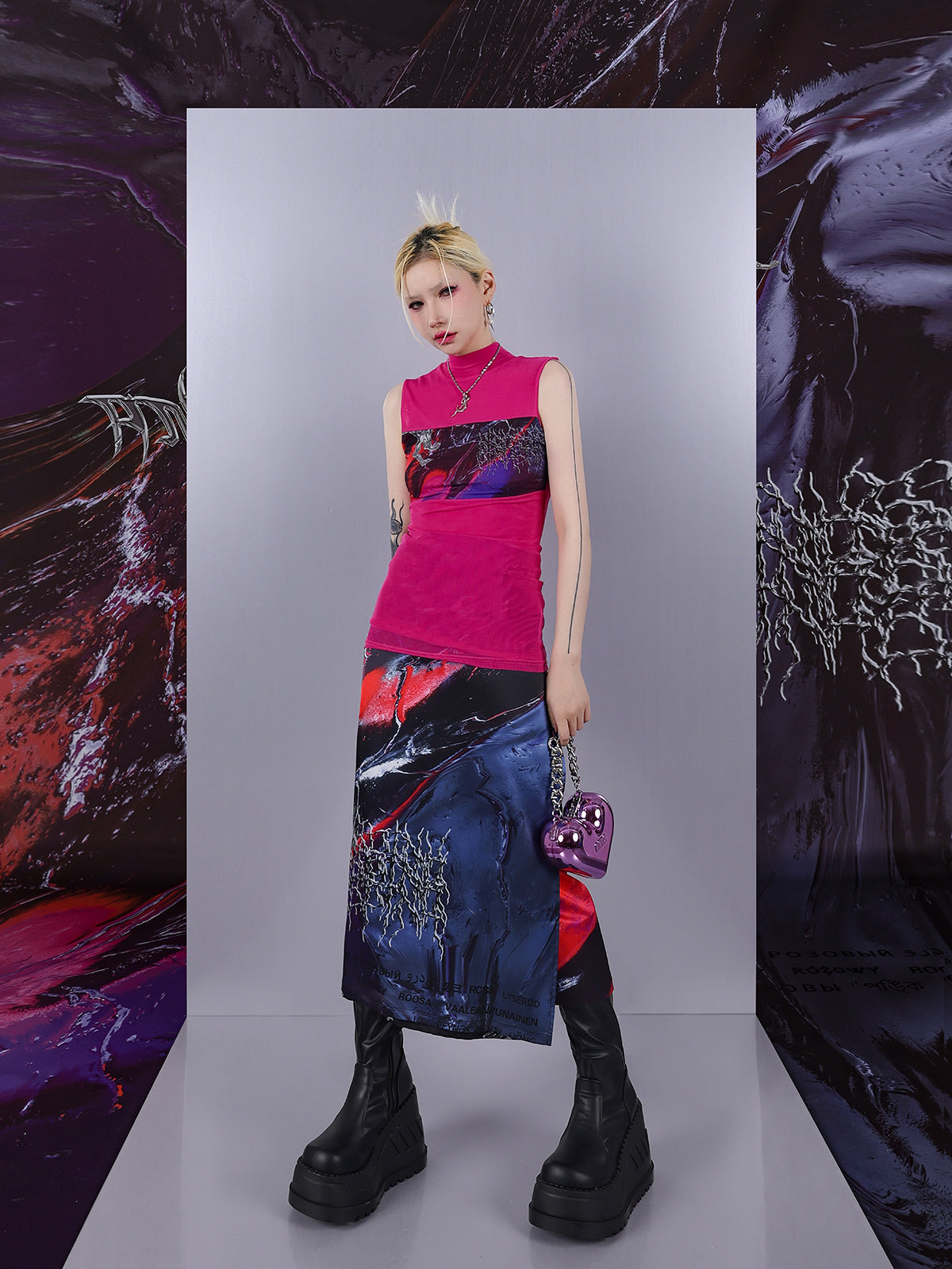 Cosmic Clash Rock-Electro Iridescent Thorn Print Wrap Reversible Skirt [ID:0067SK]