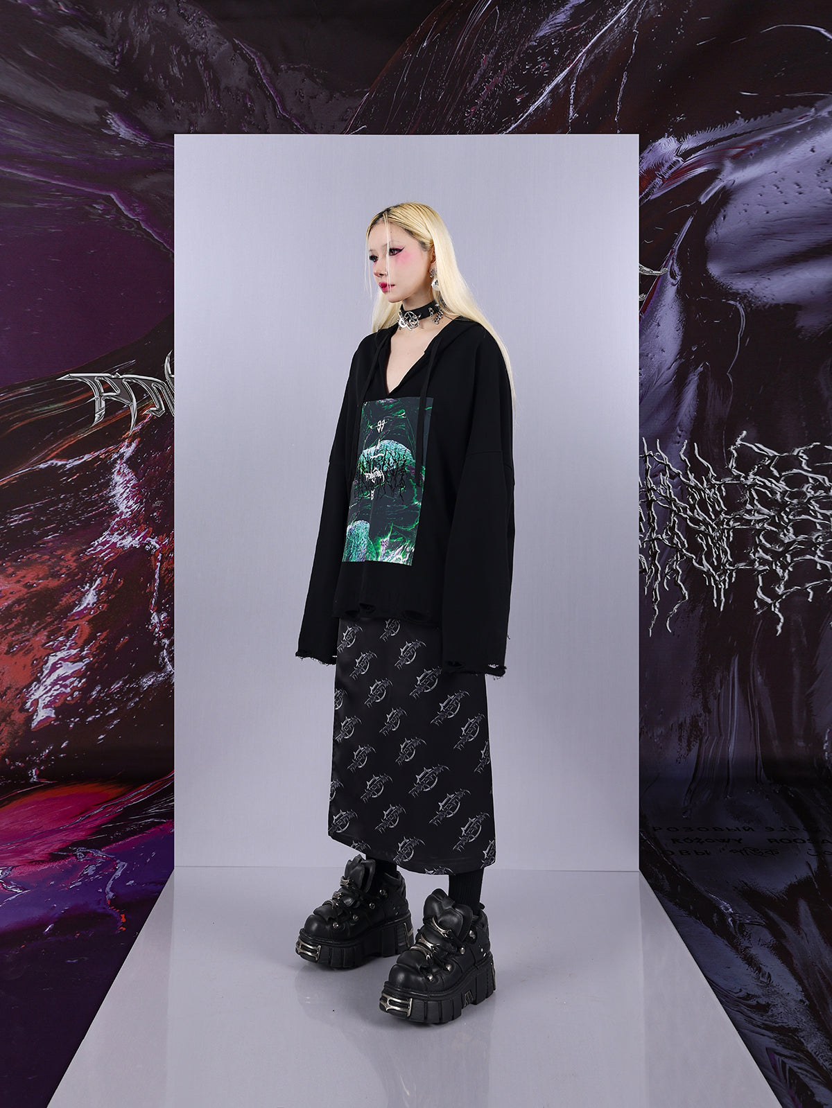 Cosmic Clash Rock-Electro Iridescent Thorn Print Wrap Reversible Skirt [ID:0067SK]