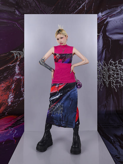 Cosmic Clash Rock-Electro Iridescent Thorn Print Wrap Reversible Skirt [ID:0067SK]