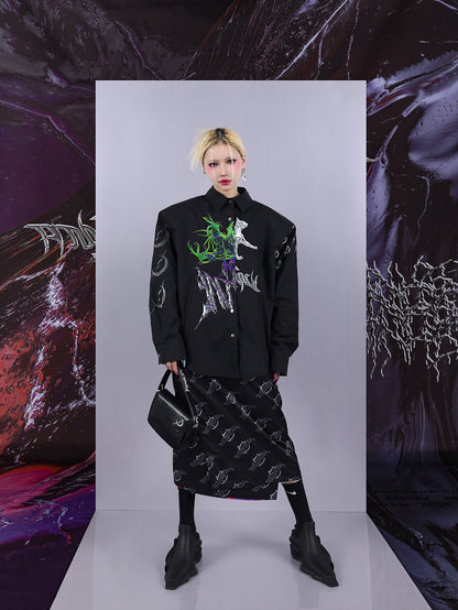 Cosmic Clash Rock-Electro Iridescent Thorn Print Wrap Reversible Skirt [ID:0067SK]