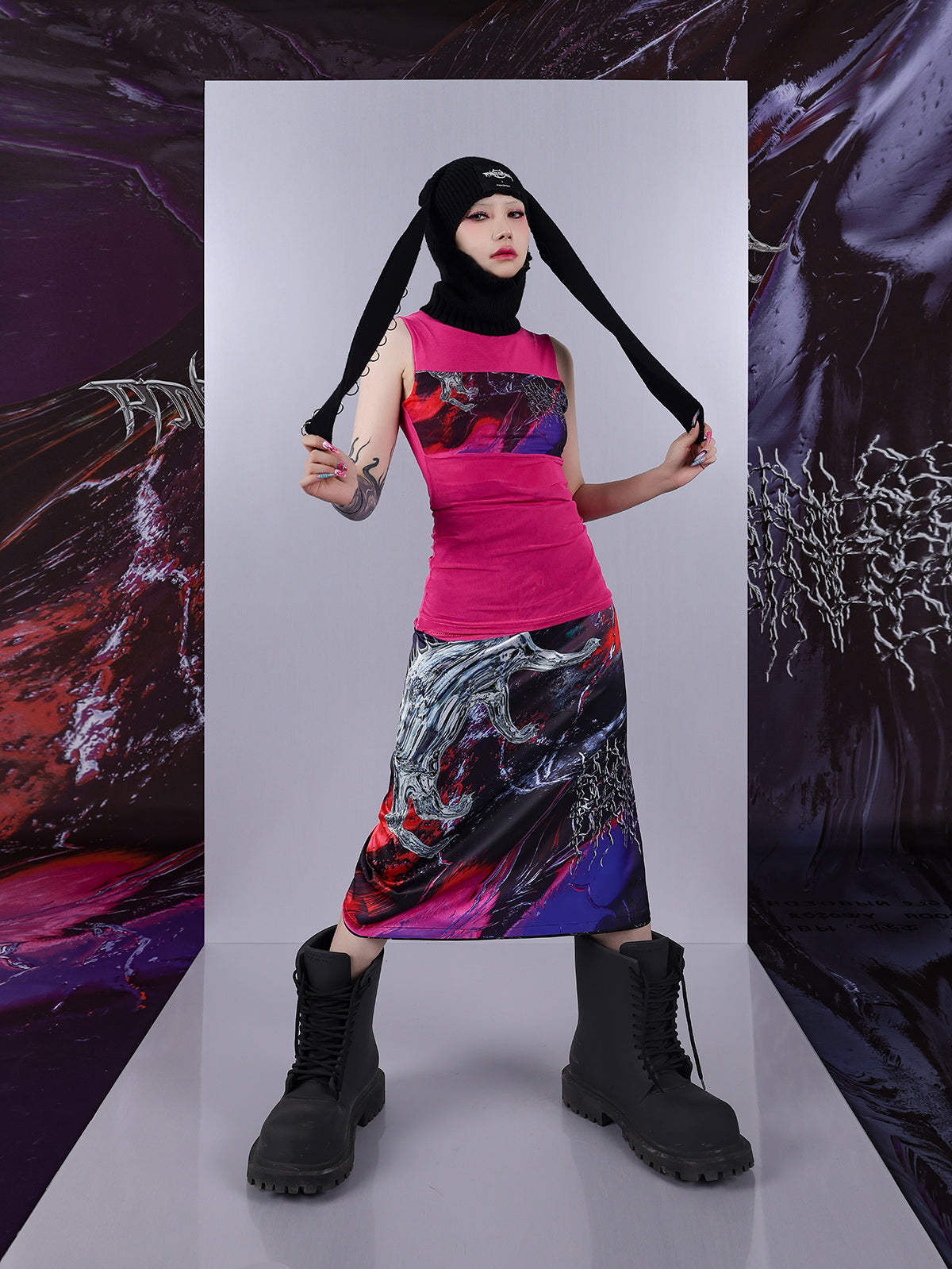 Cosmic Clash Rock-Electro Iridescent Thorn Print Wrap Reversible Skirt [ID:0067SK]