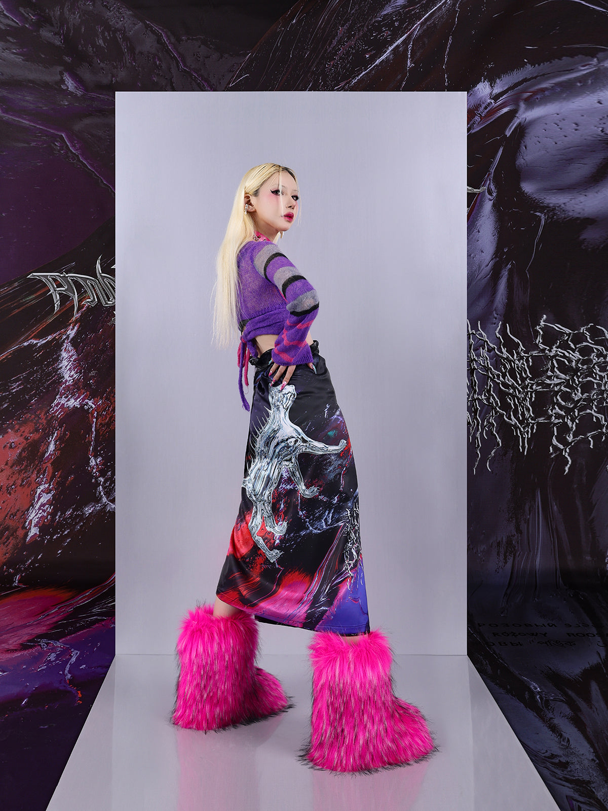 Cosmic Clash Rock-Electro Iridescent Thorn Print Wrap Reversible Skirt [ID:0067SK]