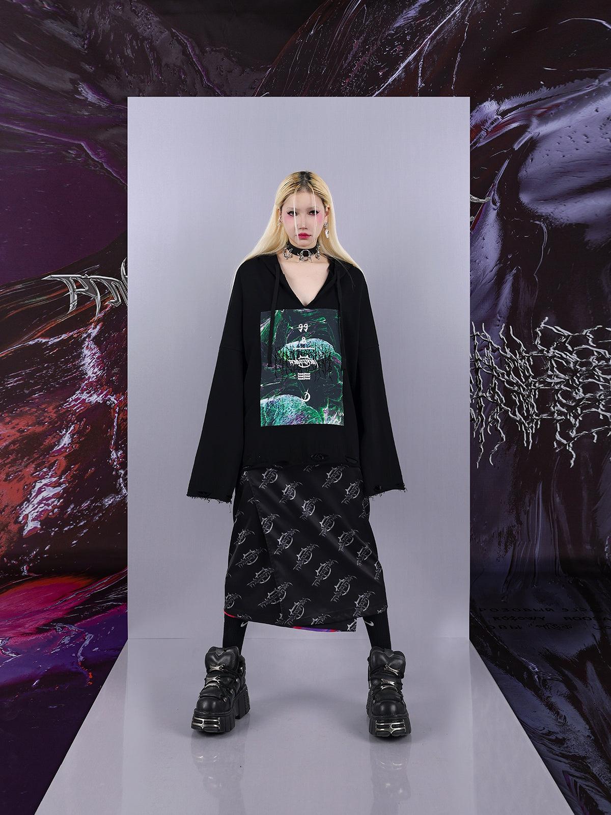 Cosmic Clash Rock-Electro Iridescent Thorn Print Wrap Reversible Skirt [ID:0067SK]