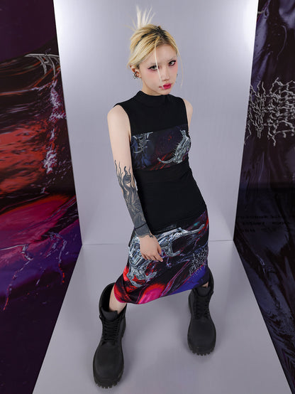 Cosmic Clash Rock-Electro Iridescent Thorn Print Wrap Reversible Skirt [ID:0067SK]