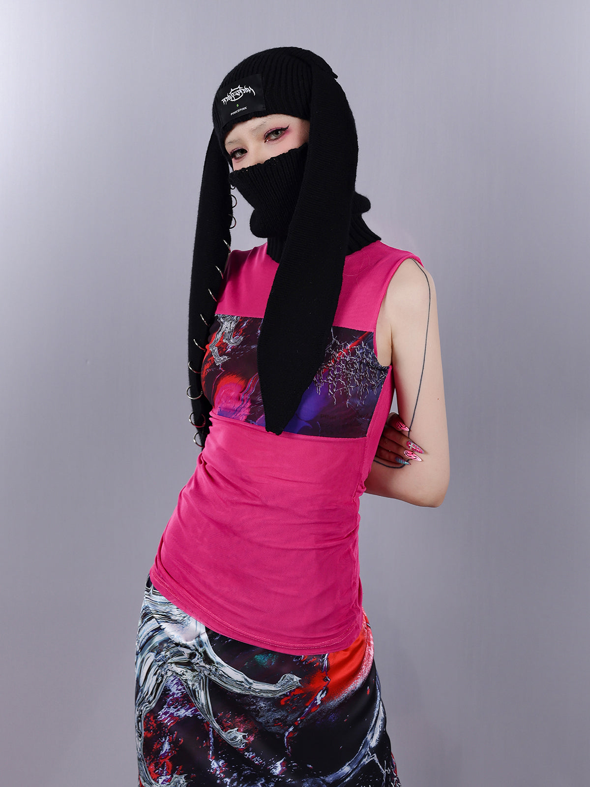 Cosmic Clash Rock-Electro Iridescent Thorn Print Wrap Reversible Skirt [ID:0067SK]
