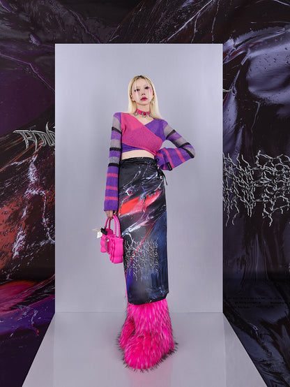 Cosmic Clash Rock-Electro Iridescent Thorn Print Wrap Reversible Skirt [ID:0067SK]