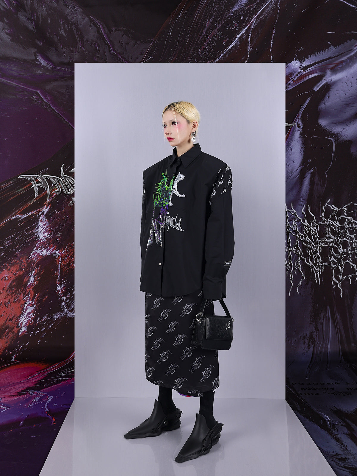 Cosmic Clash Rock-Electro Iridescent Thorn Print Wrap Reversible Skirt [ID:0067SK]