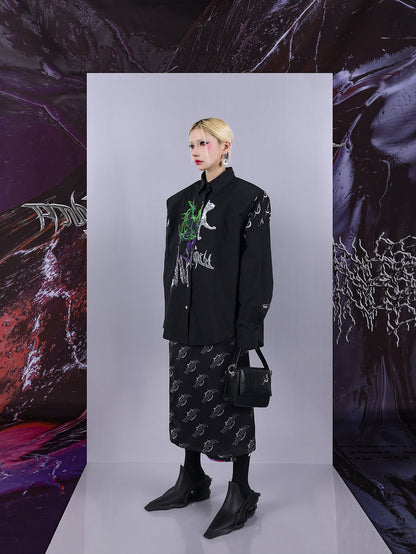 Cosmic Clash Rock-Electro Iridescent Thorn Print Wrap Reversible Skirt [ID:0067SK]