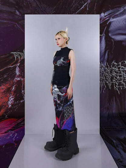 Cosmic Clash Rock-Electro Iridescent Thorn Print Wrap Reversible Skirt [ID:0067SK]
