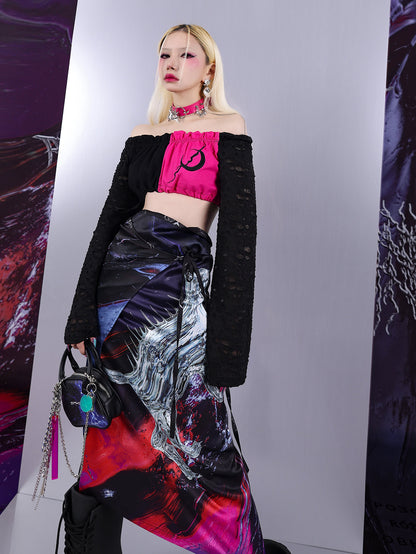 Cosmic Clash Rock-Electro Iridescent Thorn Print Wrap Reversible Skirt [ID:0067SK]