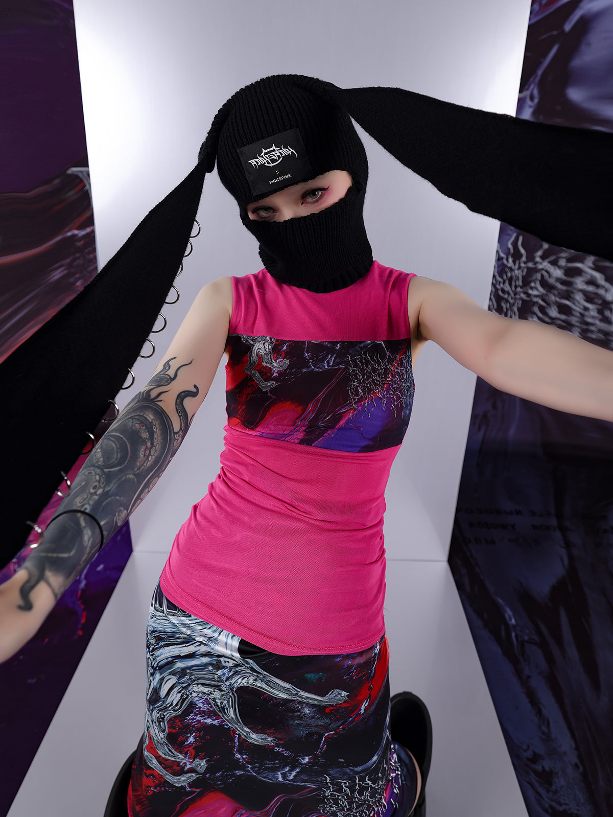 Cosmic Clash Rock-Electro Iridescent Thorn Print Wrap Reversible Skirt [ID:0067SK]