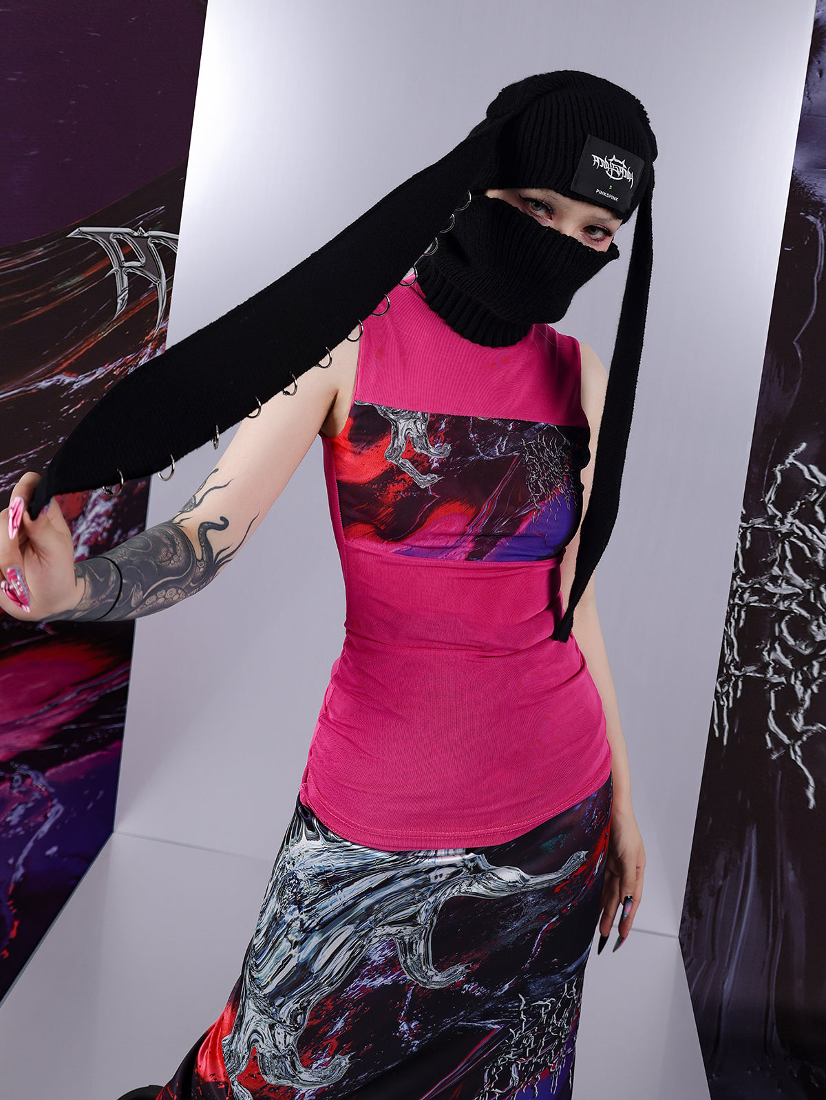 Cosmic Clash Rock-Electro Iridescent Thorn Print Wrap Reversible Skirt [ID:0067SK]