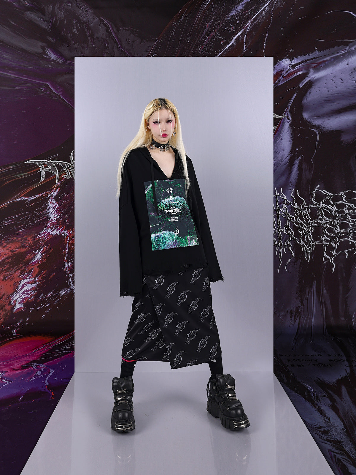 Cosmic Clash Rock-Electro Iridescent Thorn Print Wrap Reversible Skirt [ID:0067SK]